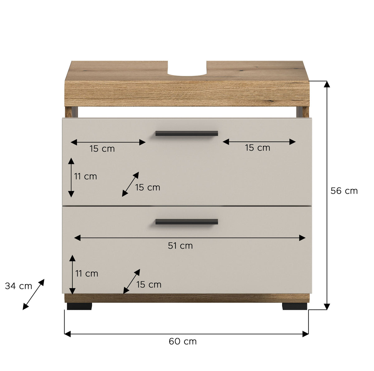 Waschbeckenunterschrank 60 cm mit Maßangaben, weißer Front und Holzseiten