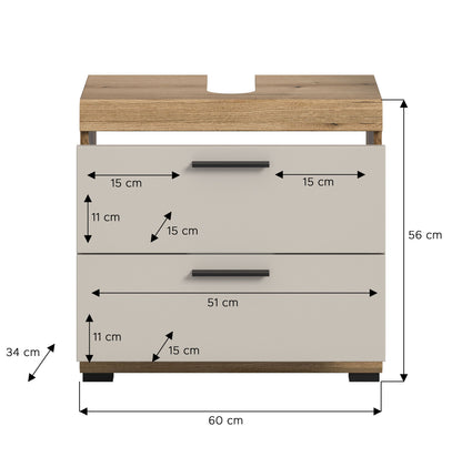 Waschbeckenunterschrank 60 cm mit Maßangaben, weißer Front und Holzseiten