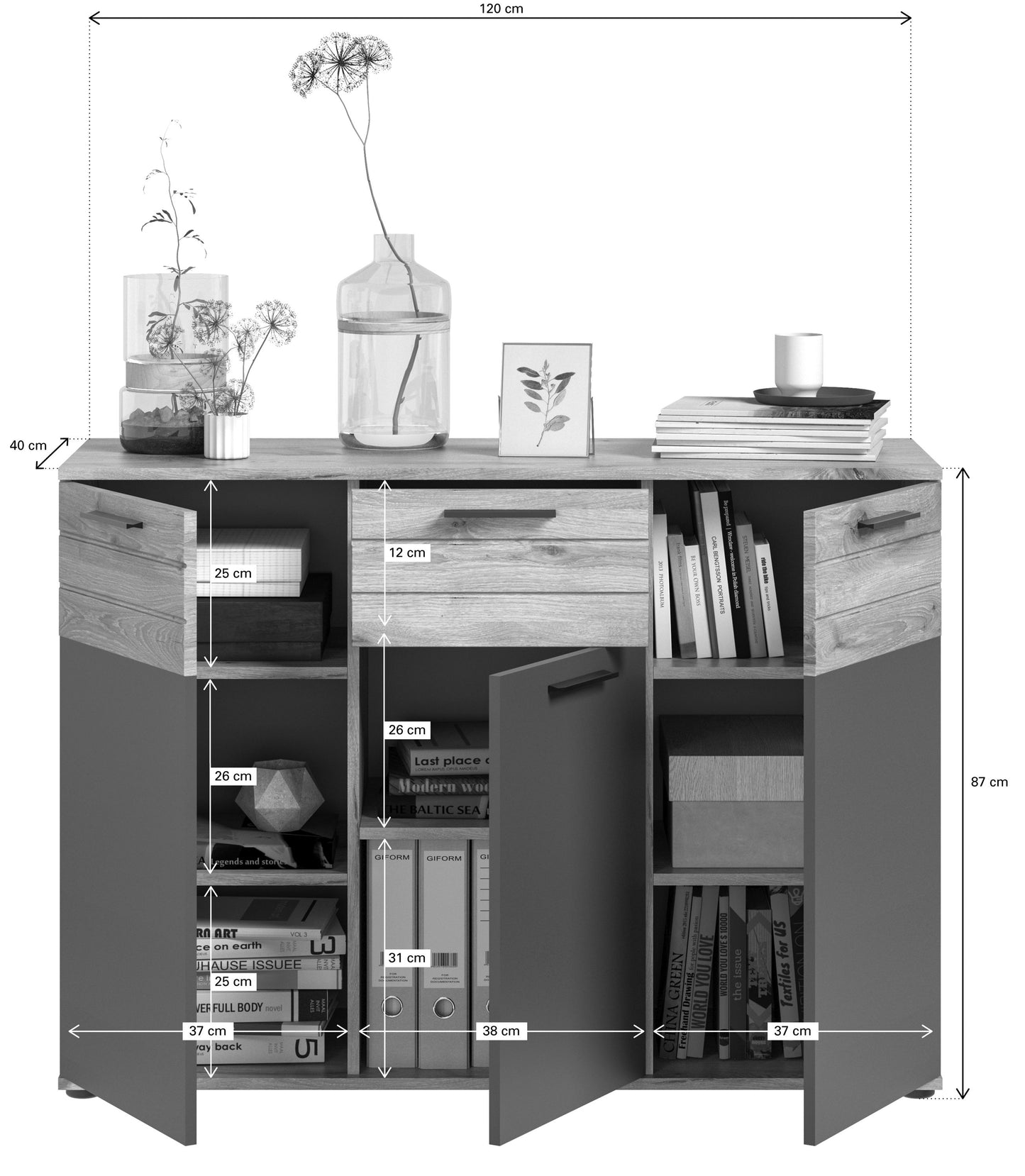 Sideboard-Frontansicht, 120 cm breit, Türen und Schubladen, Eichenoptik und grau