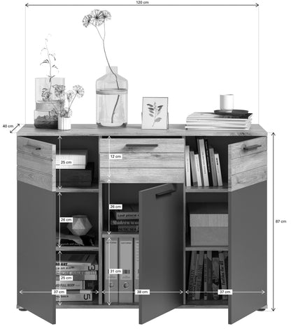 Sideboard-Frontansicht, 120 cm breit, Türen und Schubladen, Eichenoptik und grau