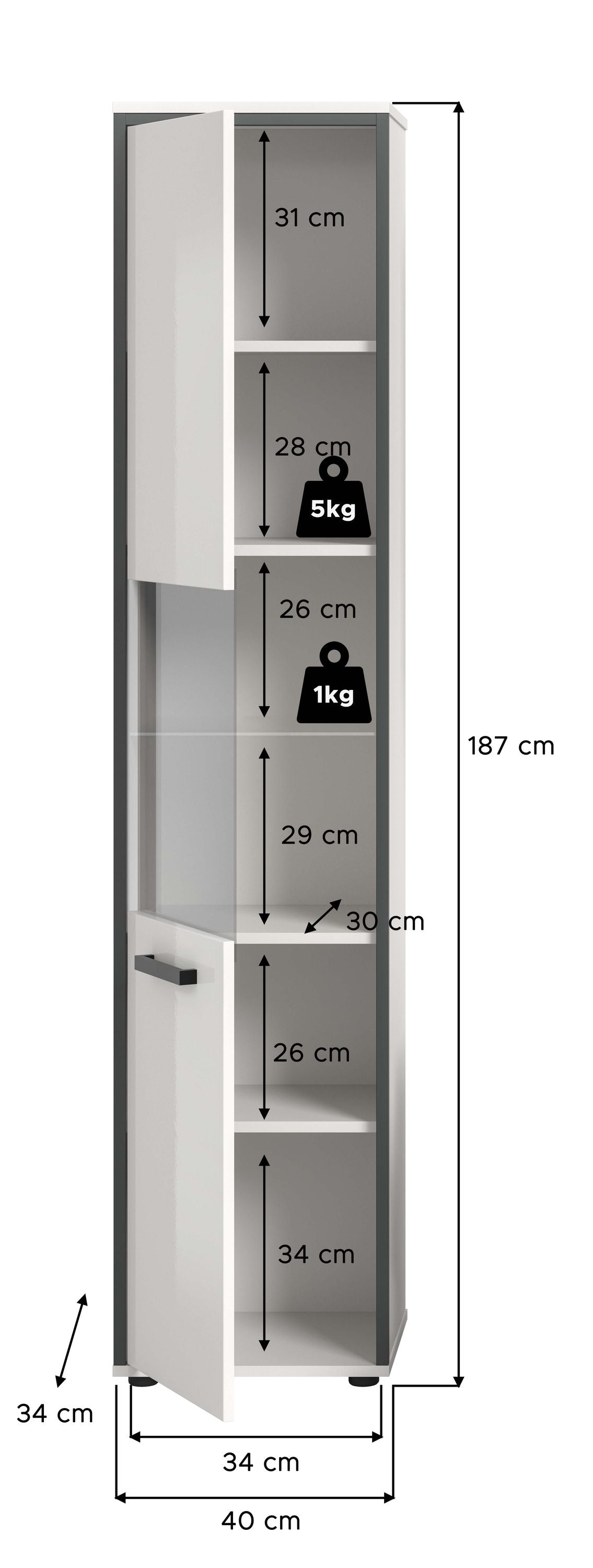 Badhochschrank mit Maßangaben: 187 cm Höhe, 40 cm Breite, Innenfächer