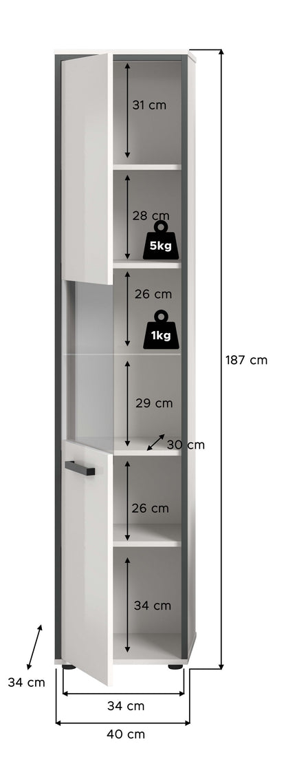Badhochschrank mit Maßangaben: 187 cm Höhe, 40 cm Breite, Innenfächer