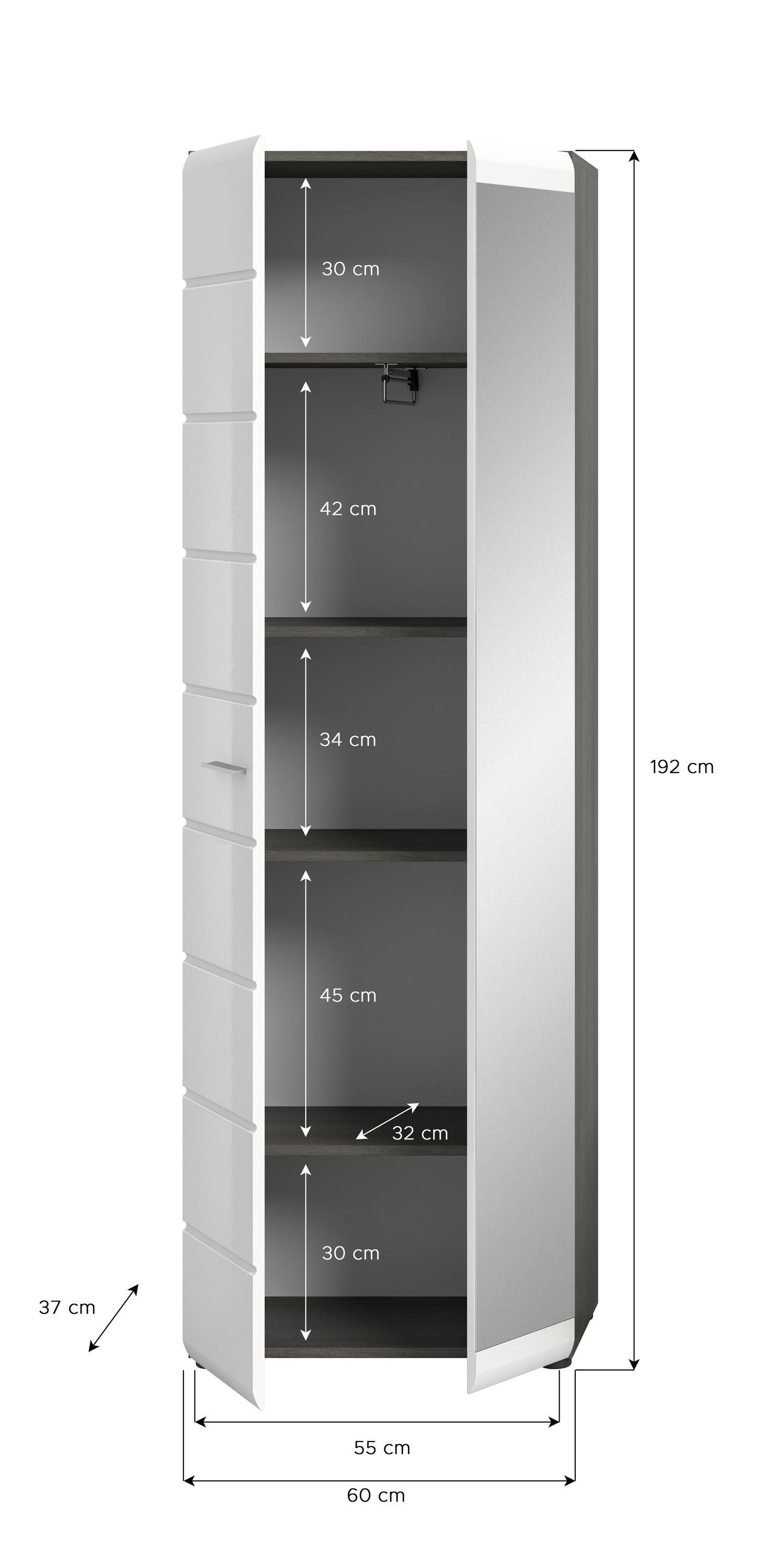 Garderobenschrank mit Spiegel, weiß, offene Tür und Innenfächer, inkl. Größenangaben
