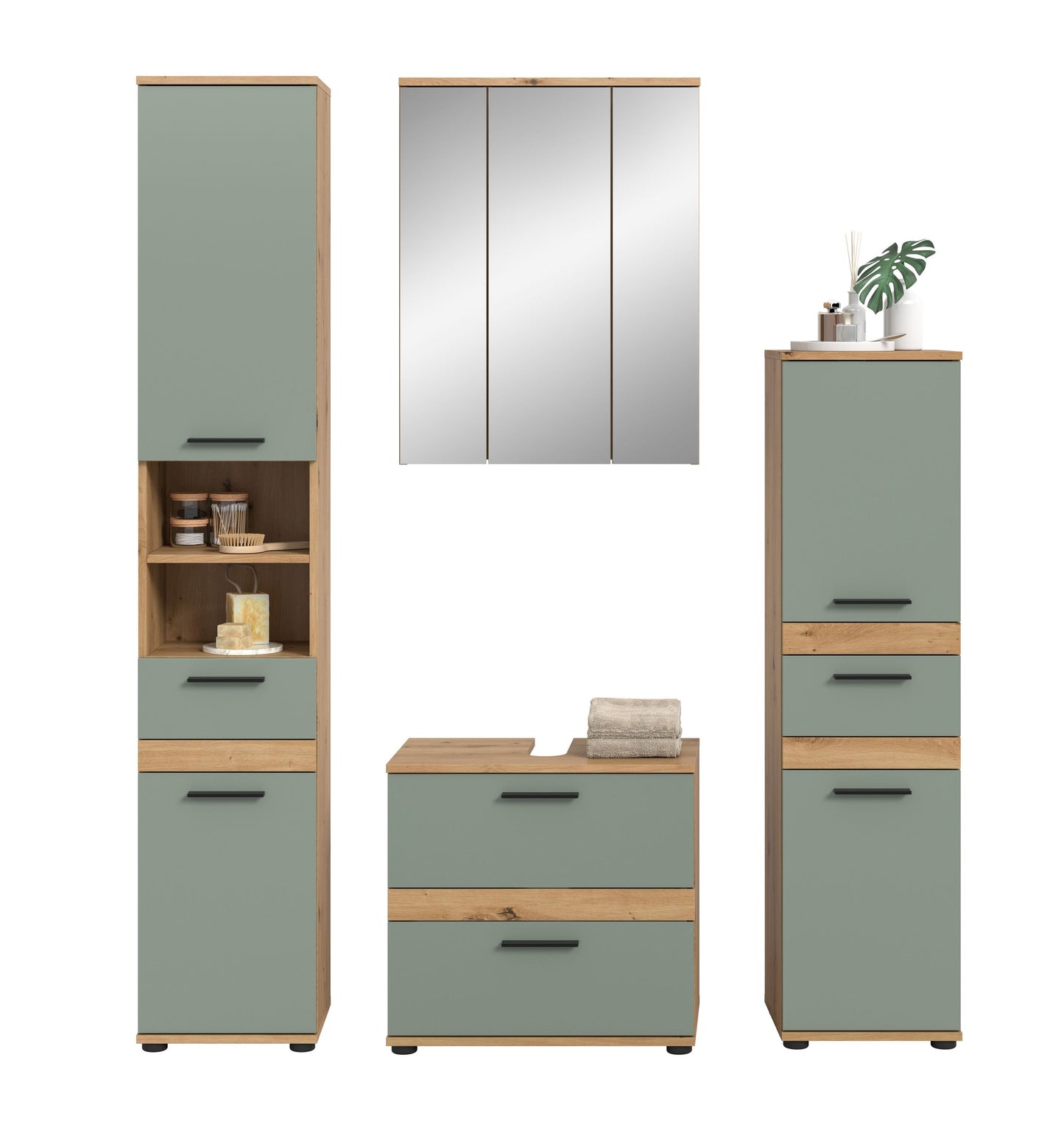 Homes & Jones Badezimmerset mit Spiegelschrank, Waschtischkommode und Hochschrank
