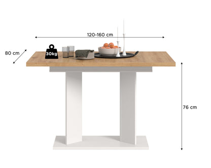 Table de salle à manger GUSTAV (L/H/P : env. 160/76/80 cm) en blanc/imitation chêne Artisan