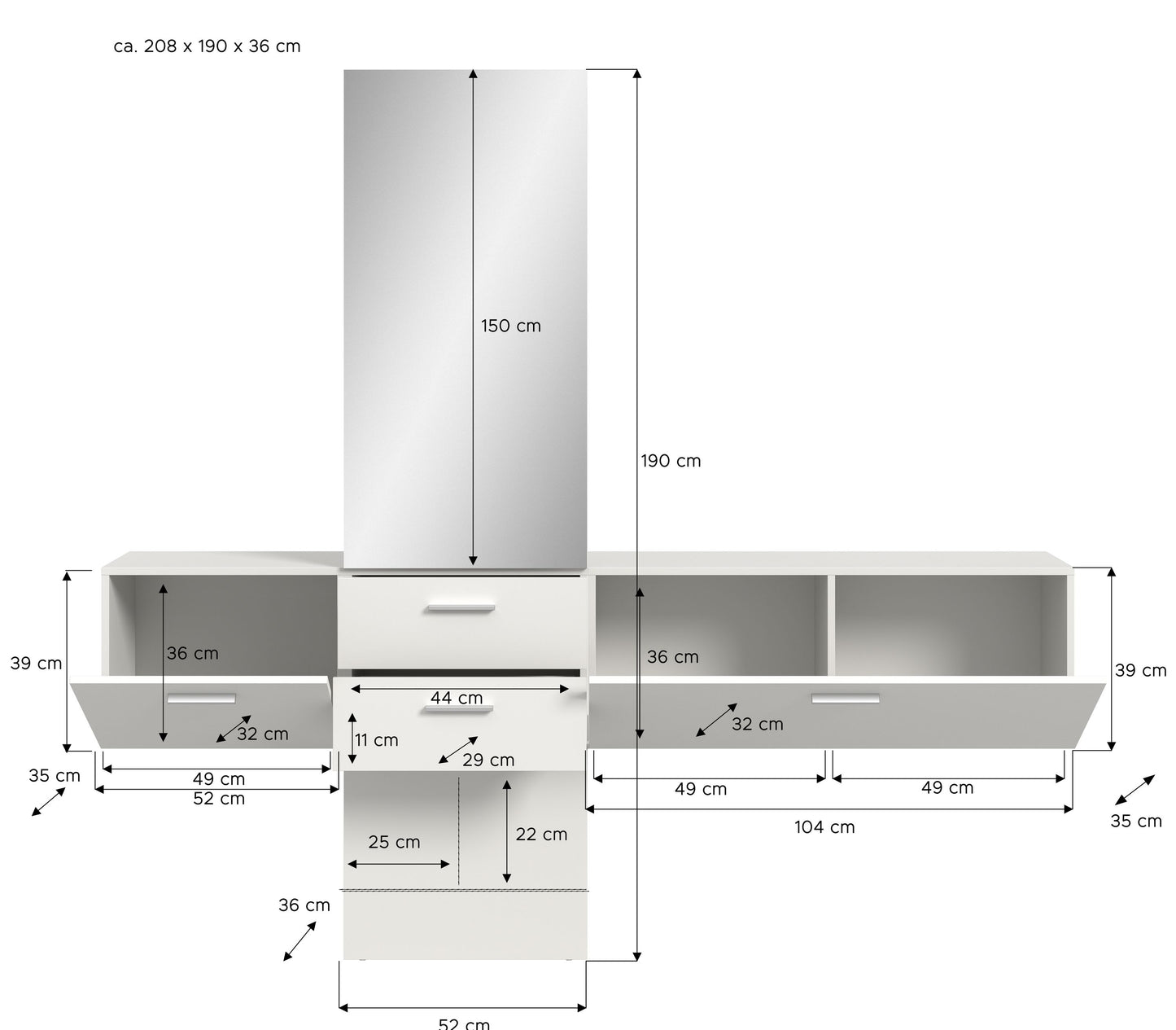 Garderobe mit Spiegel, weißes System mit Maßangaben, Frontansicht