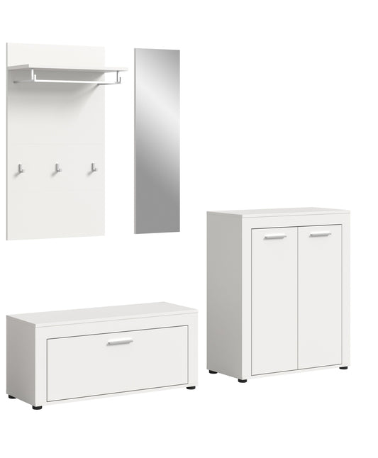 Garderobe-Set: Spiegel, Hängeschrank mit Haken, Sideboard mit Schublade und Hochschrank, weiß