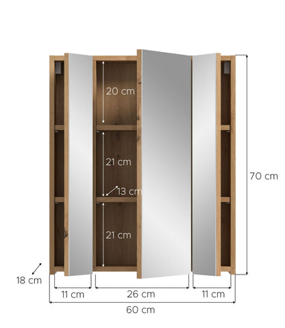 Badspiegelschrank geöffnet, Maße: 60 cm breit, 70 cm hoch, 26 cm Mittelteil