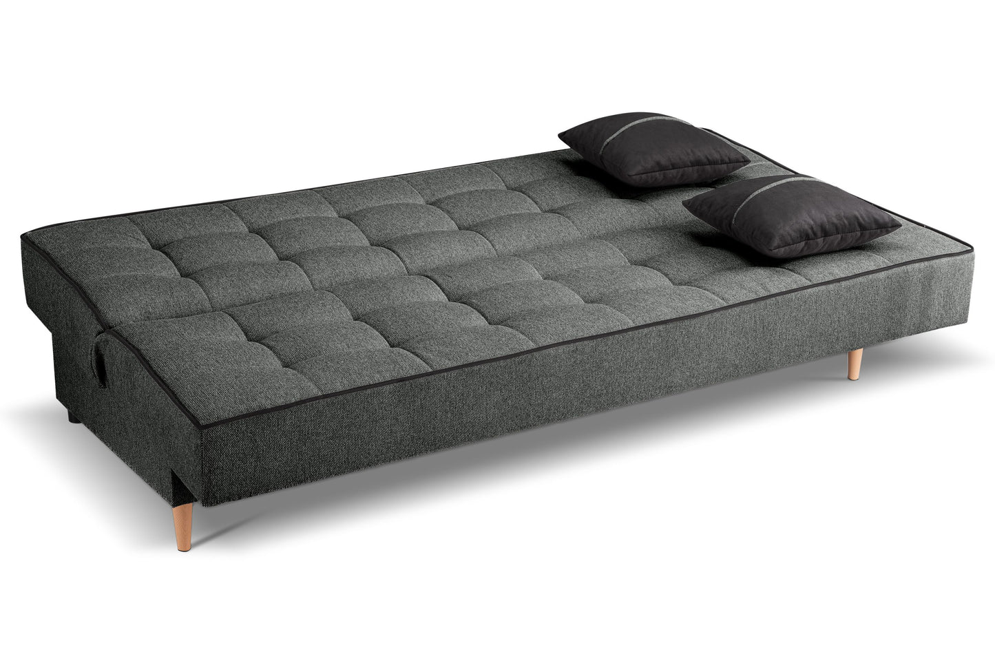 Schlafsofa, Schlaffunktion, grauer Stoff, zwei schwarze Zierkissen, Bett ausgeklappt