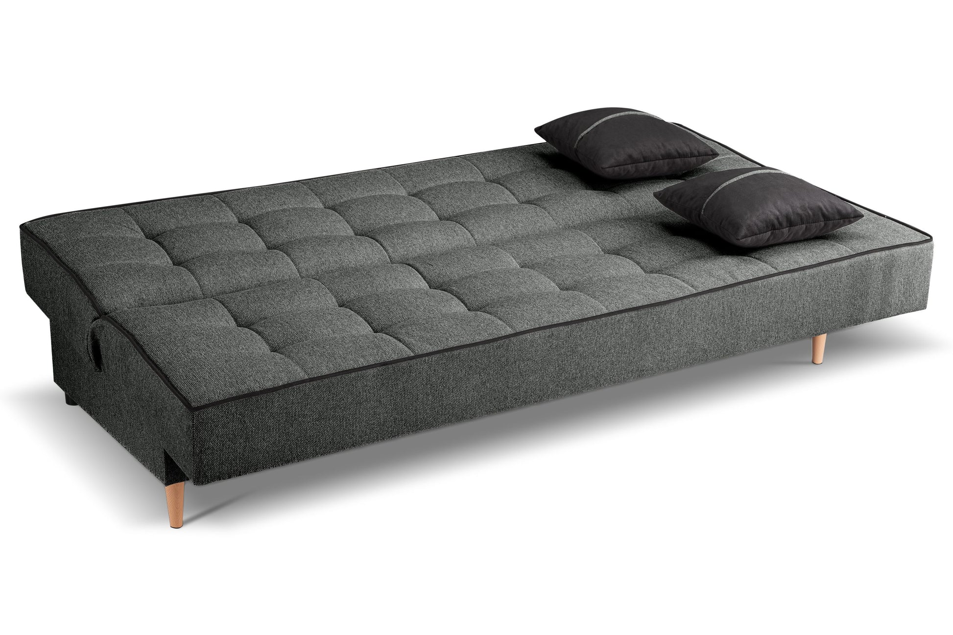 Schlafsofa, Schlaffunktion, grauer Stoff, zwei schwarze Zierkissen, Bett ausgeklappt