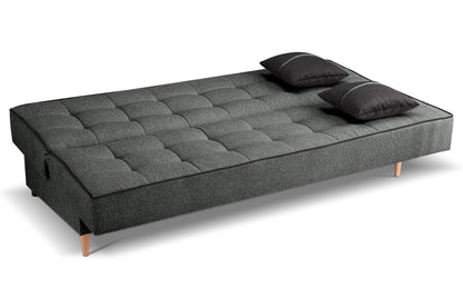Schlafsofa, Schlaffunktion, grauer Stoff, zwei schwarze Zierkissen, Bett ausgeklappt