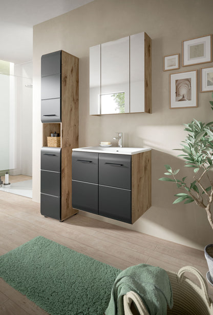 Badezimmermöbel-Set: Waschtischunterschrank mit Spiegel und Hochschrank, Holz & Anthrazit