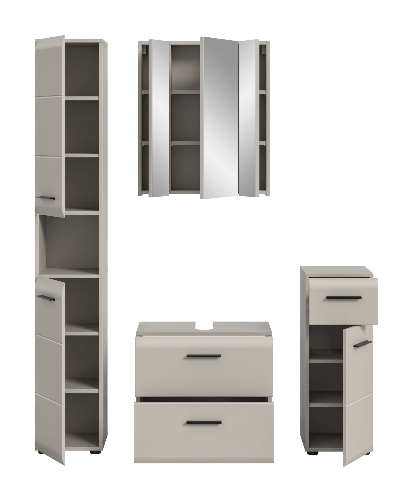 Badmöbel-Set 4-tlg. in Weiß mit geöffneten Türen: Spiegelschrank, Hochschrank, Stauraum