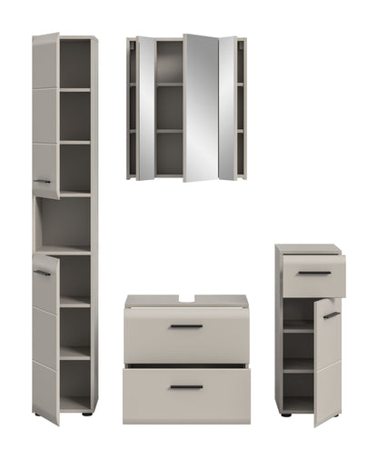 Badmöbel-Set 4-tlg. in Weiß mit geöffneten Türen: Spiegelschrank, Hochschrank, Stauraum