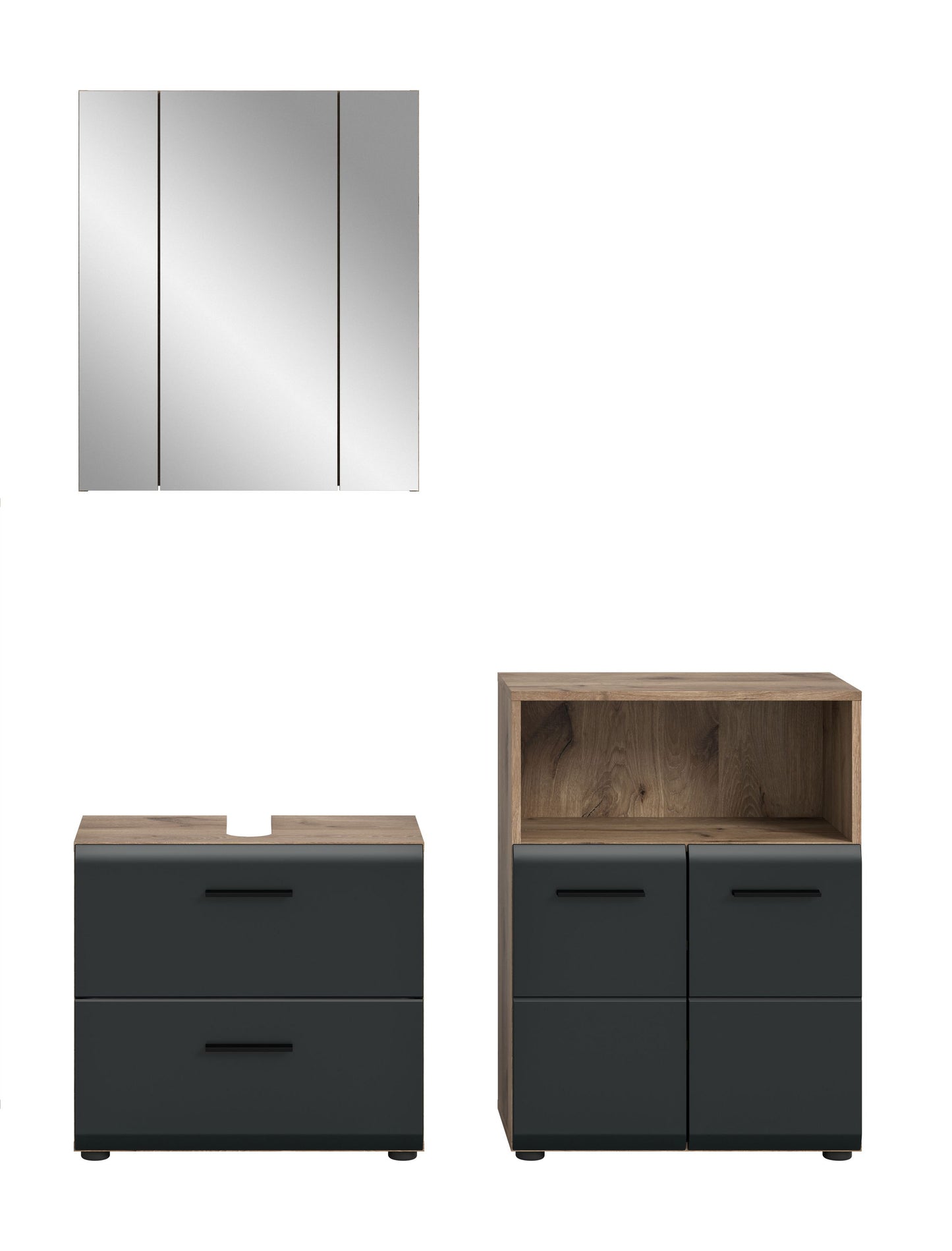 Badmöbel-Set in Holzdekor mit dunklen Fronten, Spiegelschrank und Kommode