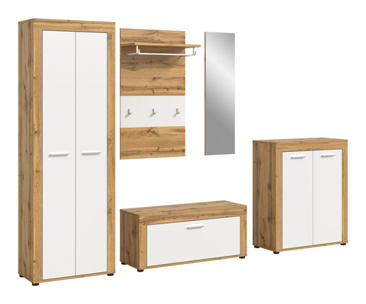 5-tlg. Garderobenkomplettset mit Schrank, Bank, Kommode, Hakenleiste und Spiegel