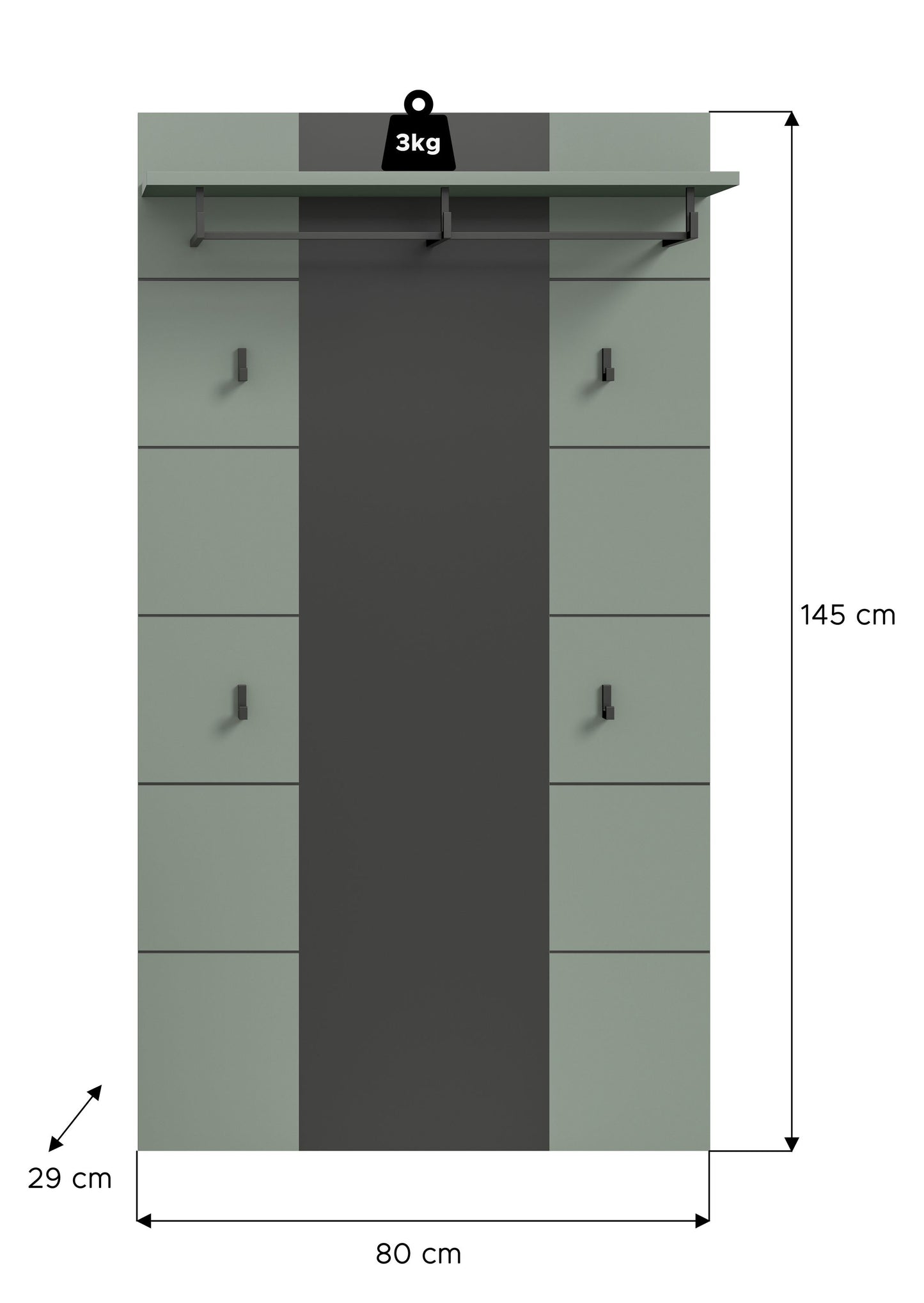 Garderobenpaneel mit Hutablage und Haken, mintgrün und dunkle Mittelbahn, 80×145 cm