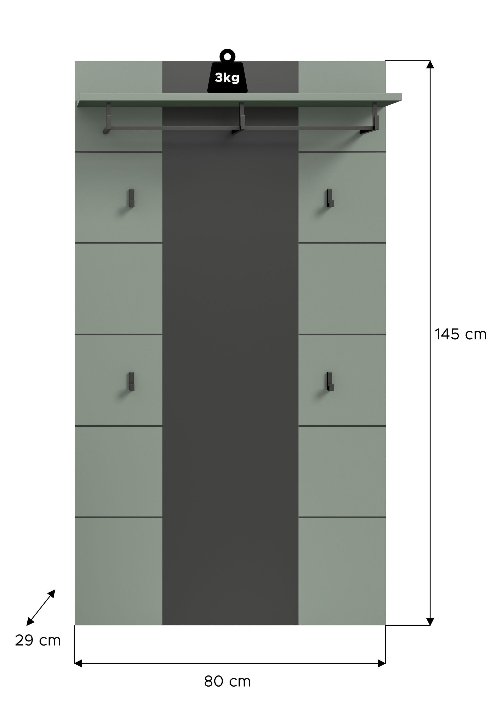 Garderobenpaneel mit Hutablage und Haken, mintgrün und dunkle Mittelbahn, 80×145 cm