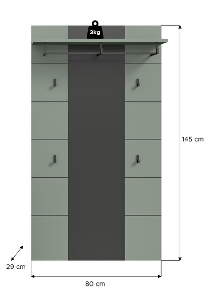 Garderobenpaneel mit Hutablage und Haken, mintgrün und dunkle Mittelbahn, 80×145 cm