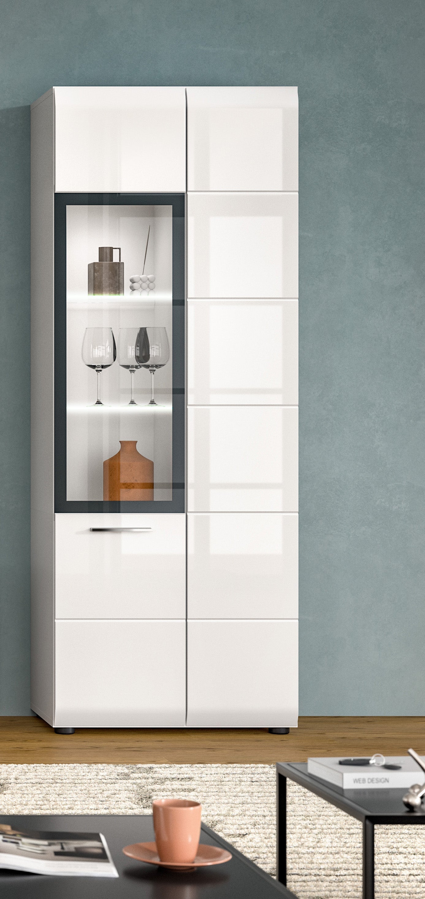 Vitrine ICE (L/H/P : env. 60/160/34 cm) en blanc/blanc brillant