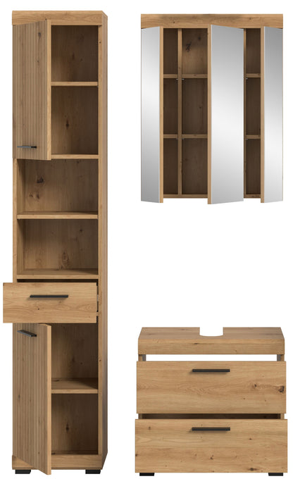 Badezimmerset mit Hochschrank, Spiegelschrank und Waschtischunterschrank in Eichenoptik