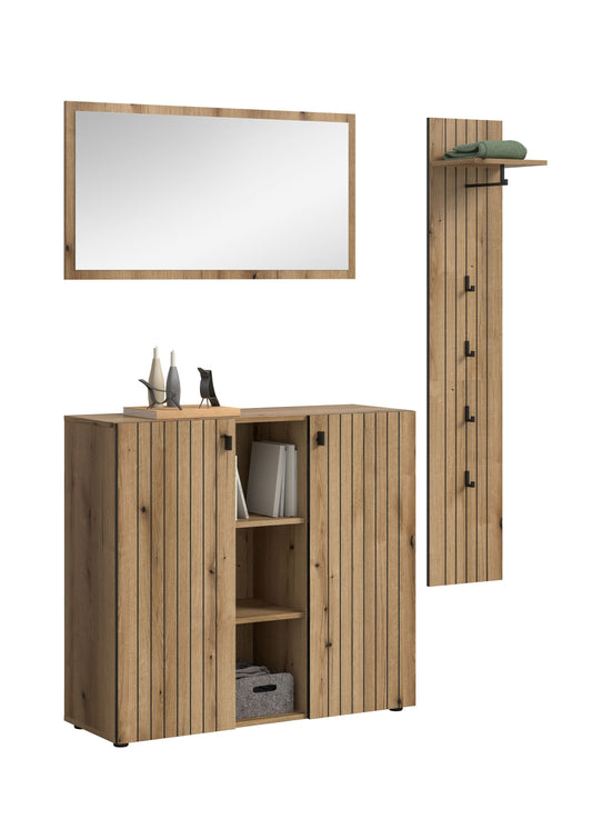 Garderoben-Set aus Holz: Schrank mit Türen und Fächern, Garderobenleiste mit Haken