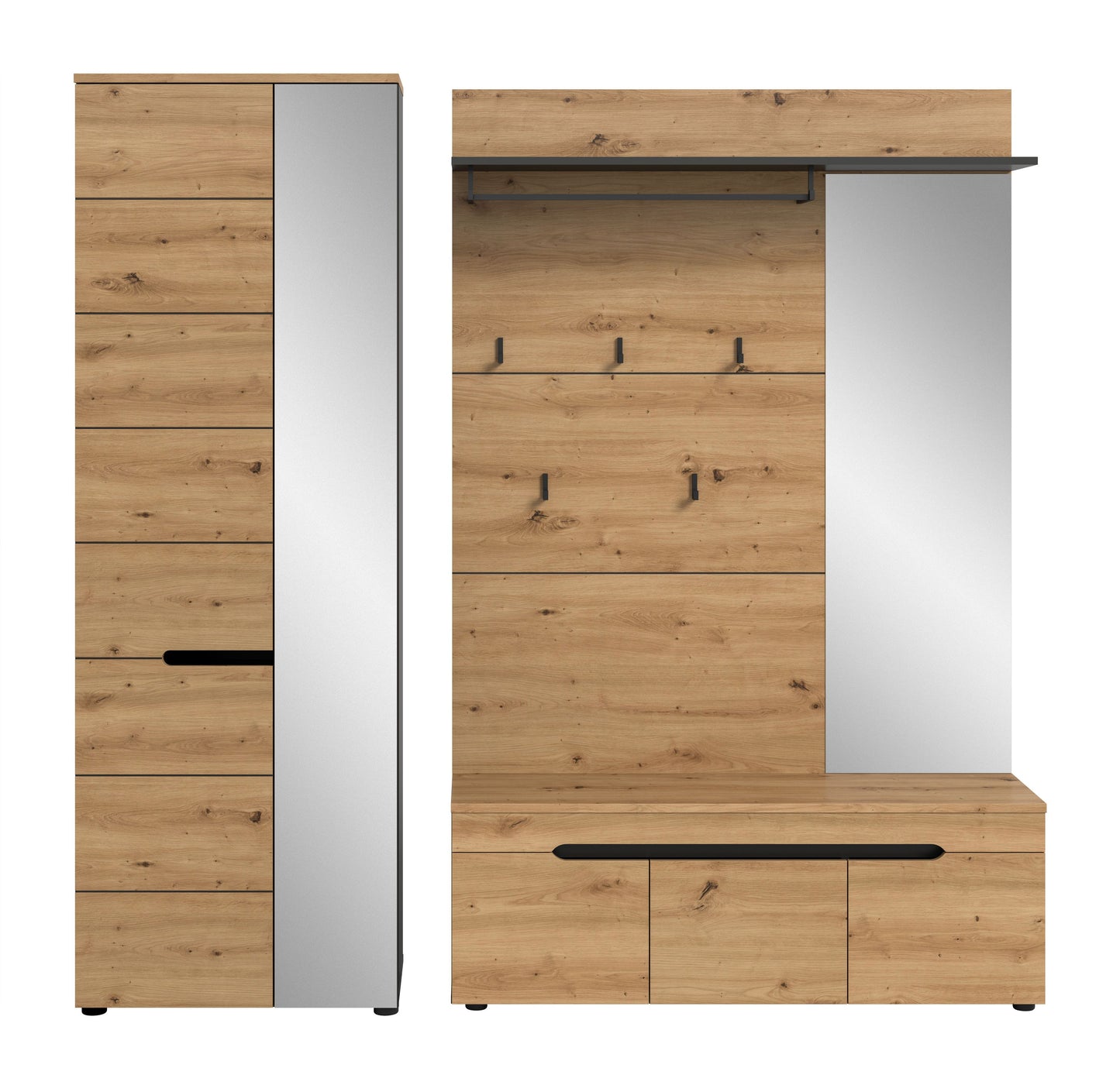 Garderobenset mit Spiegelschrank und Garderobenpaneel; Hakenleiste und Sitzbank in Holzoptik