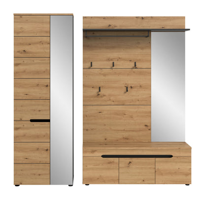 Garderobenset mit Spiegelschrank und Garderobenpaneel; Hakenleiste und Sitzbank in Holzoptik