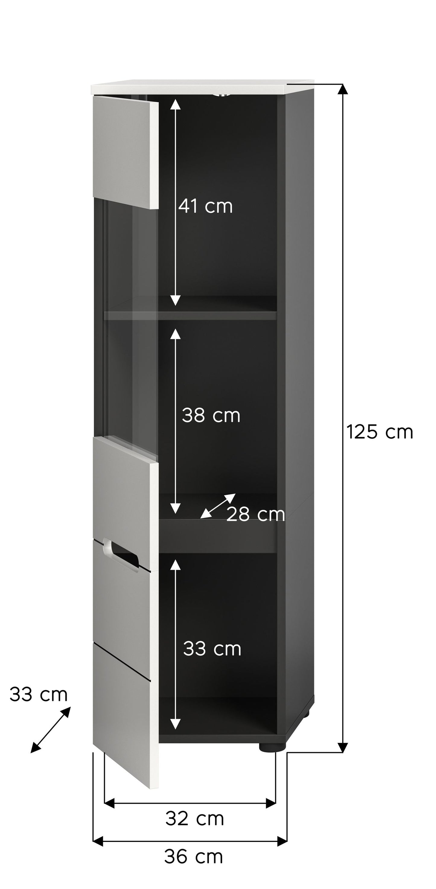 Vitrine CANU (L/H/P: env. 36/125/33 cm) en gris basalte/vert fumé