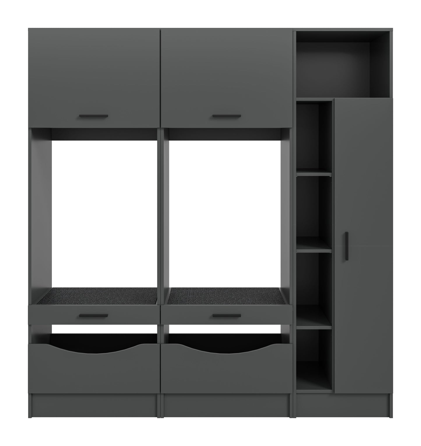 Waschmaschinenschrank-Set in Grau, Front mit offenen Waschmaschinenbereichen und Regalfach