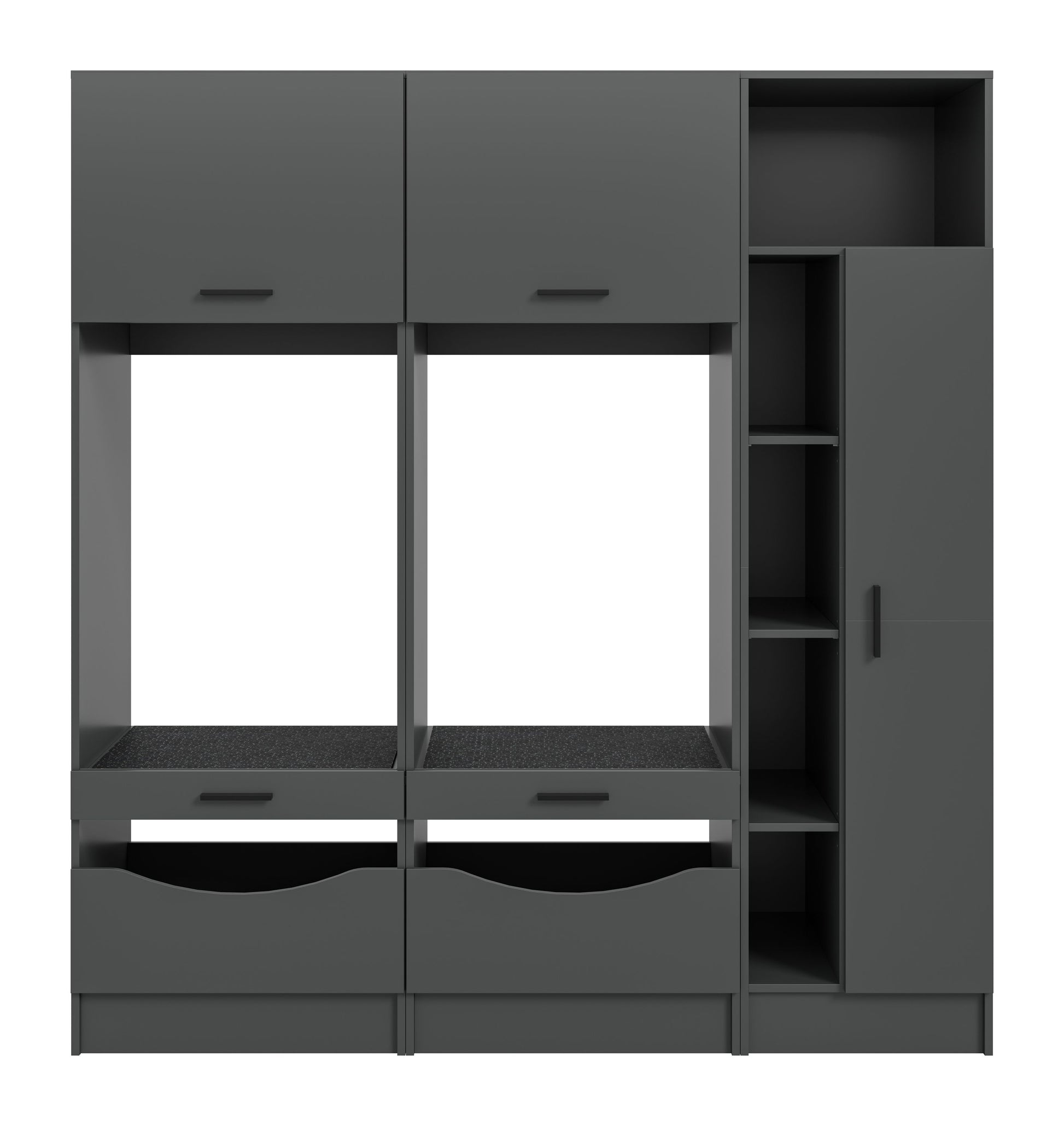 Waschmaschinenschrank-Set in Grau, Front mit offenen Waschmaschinenbereichen und Regalfach