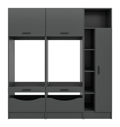 Waschmaschinenschrank-Set in Grau, Front mit offenen Waschmaschinenbereichen und Regalfach