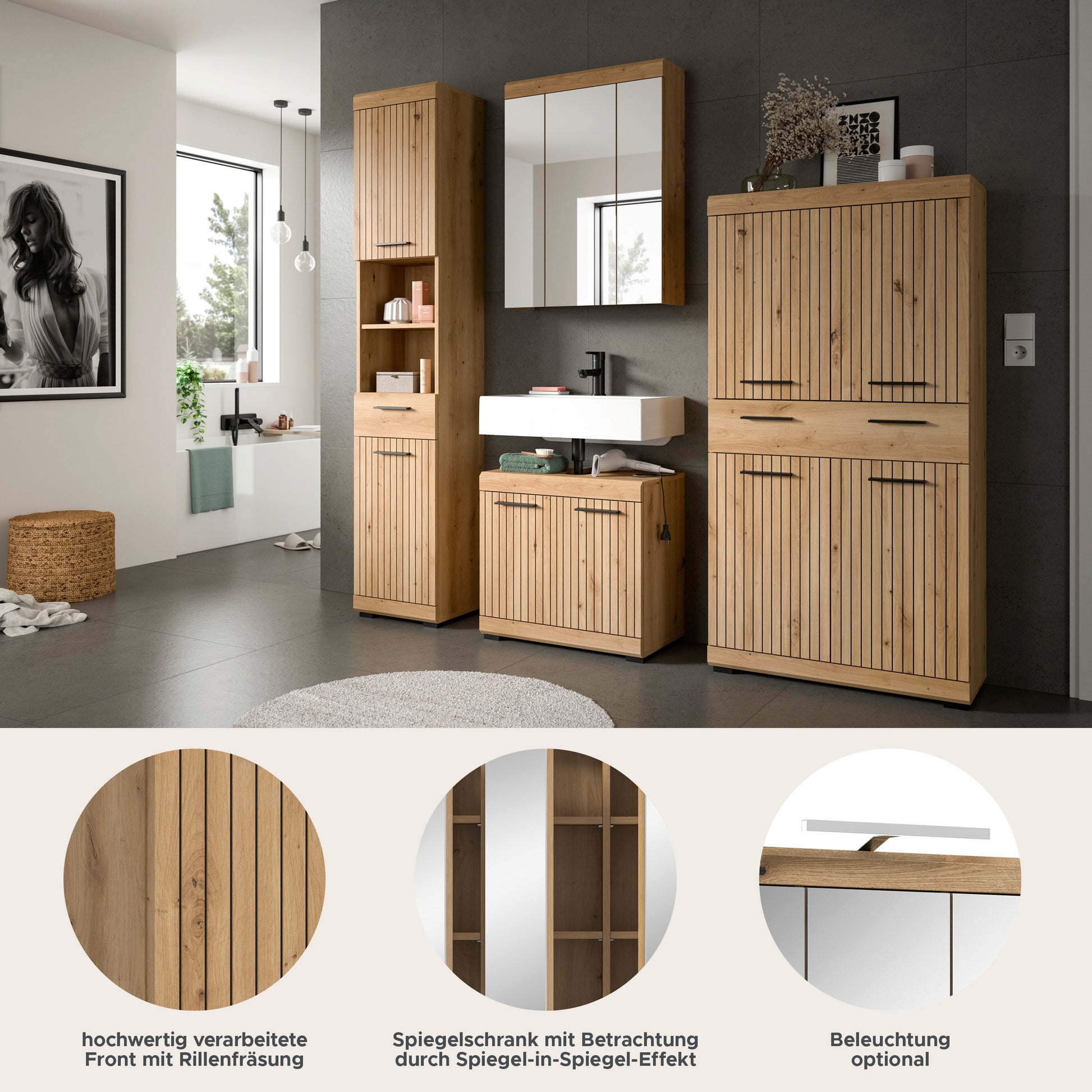 Badezimmerset im Holzdesign: Frontdetails und Ausschnitte zu Spiegelschrank und Ablage