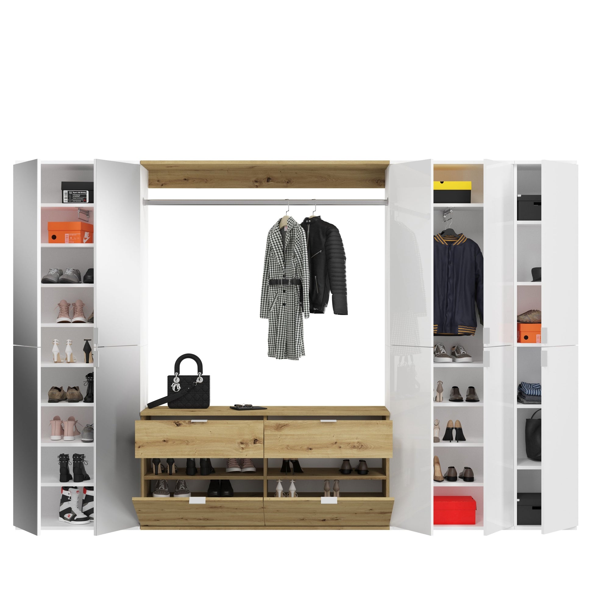 Garderoben- und Schuhschrank-Set mit Kleiderstange, offene Fächer für Schuhe und Ablagen