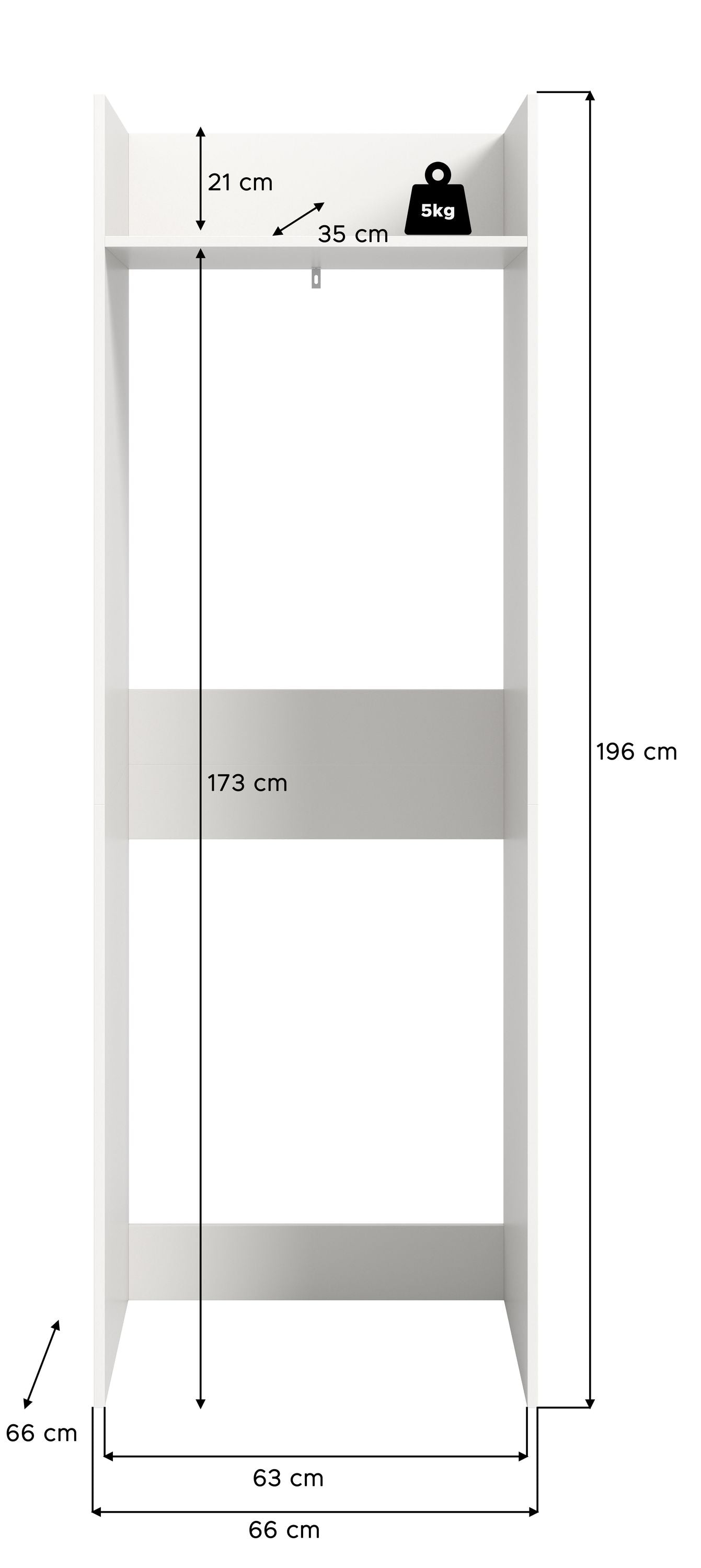 Schrank mit Maßangaben: 196 cm Höhe, 66 cm Breite, 66 cm Tiefe