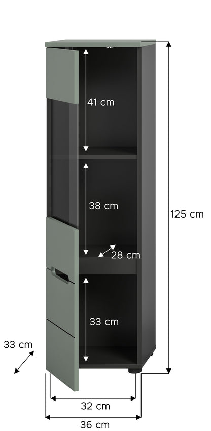 Vitrine CANU (L/H/P: env. 36/125/33 cm) en gris basalte/vert fumé