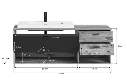 Maßzeichnung Waschtisch mit Waschbecken und Schublade, Breite 138 cm, Höhe 51 cm.