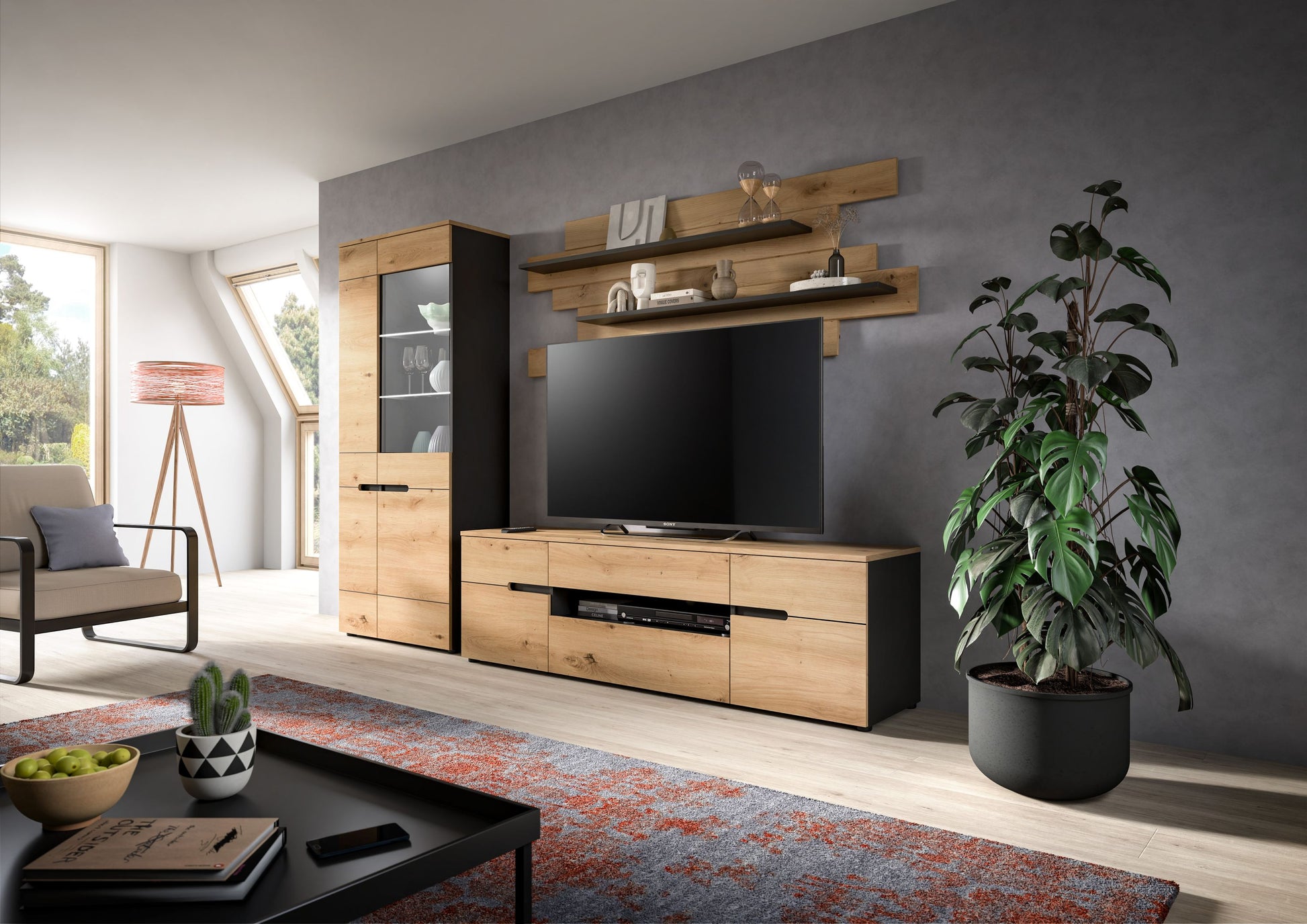 Wohnwand mit TV-Board, Schubfächern und Wandregalen, Holzoptik, Vitrine mit Glaseinsatz