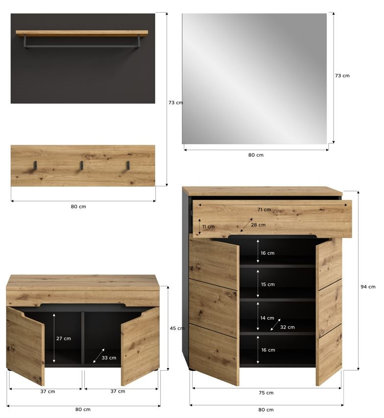 Ensemble de meuble d'entrée CANU (l/h/p : env. 175/190/37 cm) en gris basalte/vert fumée