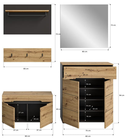 Ensemble de meuble d'entrée CANU (l/h/p : env. 175/190/37 cm) en gris basalte/vert fumée