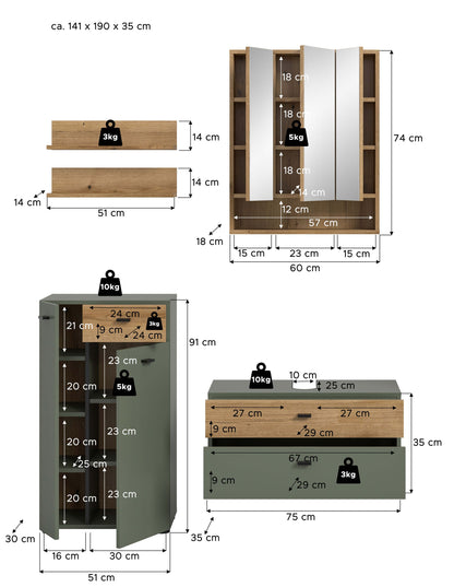Ensemble de salle de bain AQUA (L/H/P : env. 141/191/35 cm) en vert sauge/vert sauge
