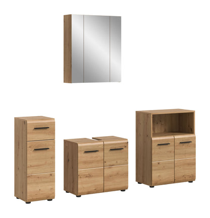 4-tlg. Badezimmermöbel-Set mit Spiegelschrank und Holz-Unterschränken, helle Eiche