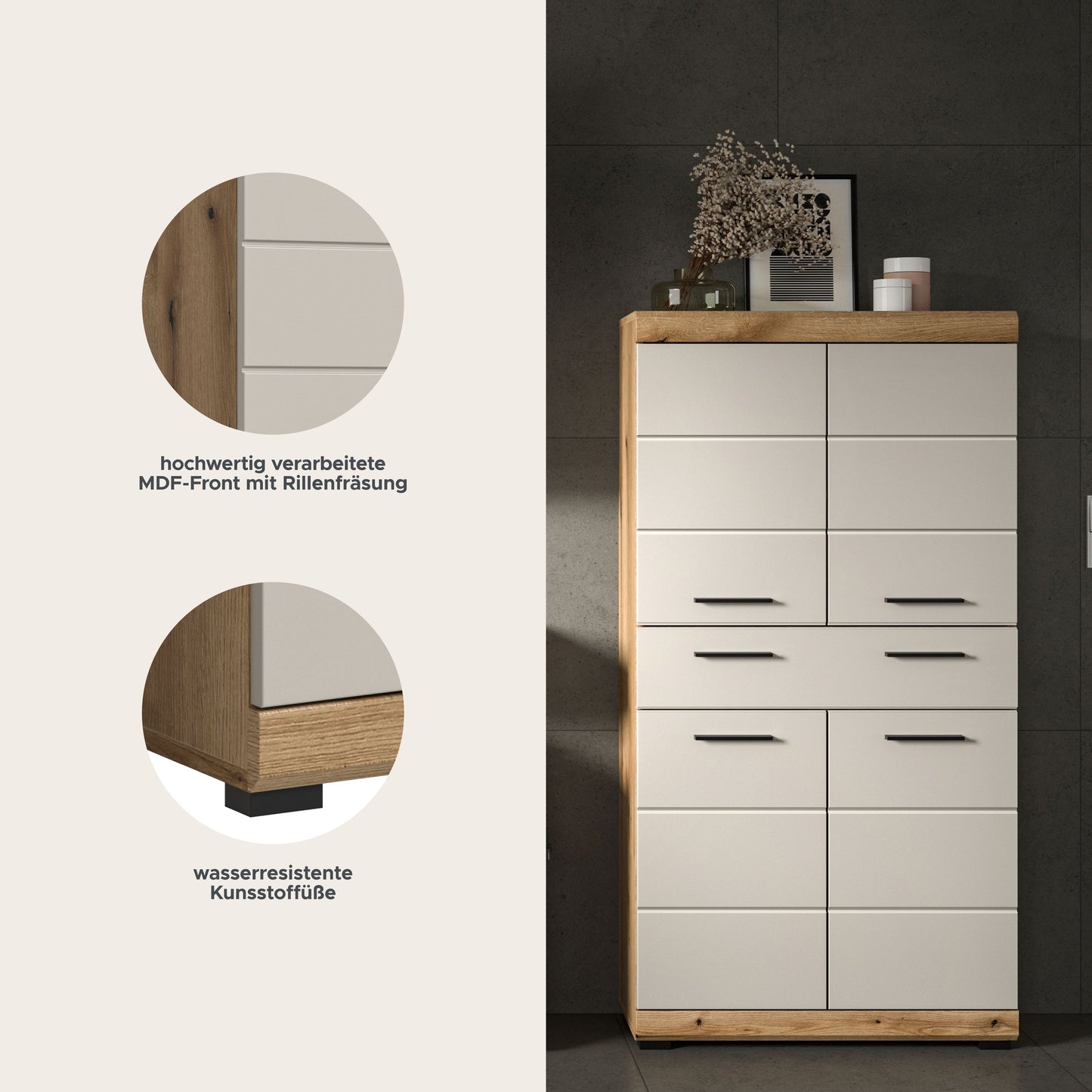 Badhochschrank mit 6 Fächern und Schubladen, Front Artisan Eiche/weiß