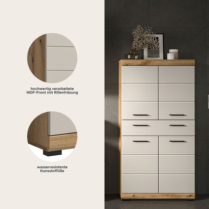 Badhochschrank mit 6 Fächern und Schubladen, Front Artisan Eiche/weiß