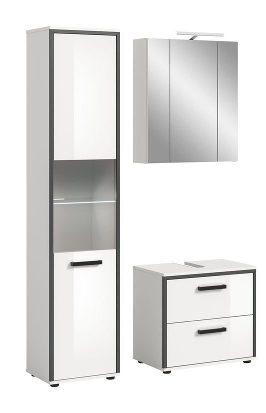 Hochschrank mit Glasboden, beleuchteter Aufsatzleuchte und geschlossenen Fronten