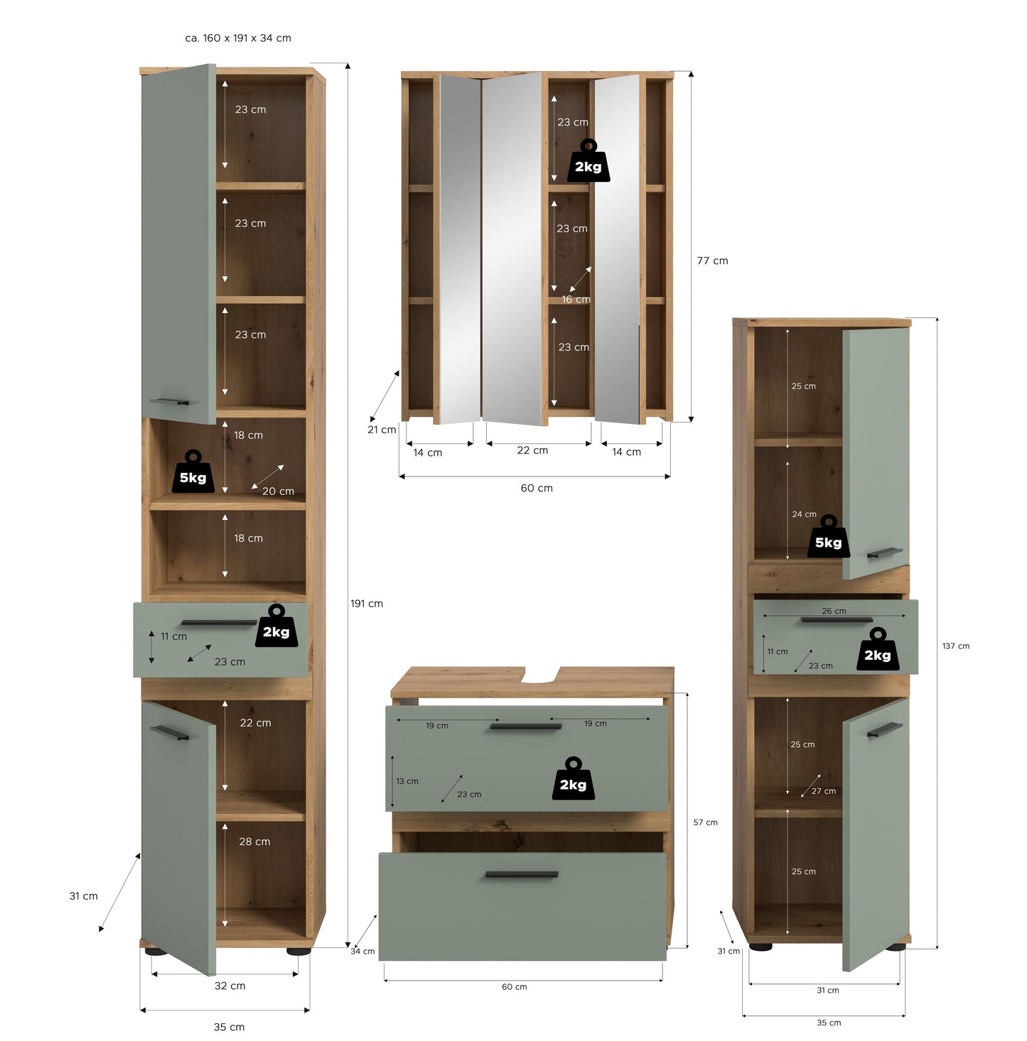 Badmöbel-Set mit Maßangaben: Hochschrank und Waschtischkommode
