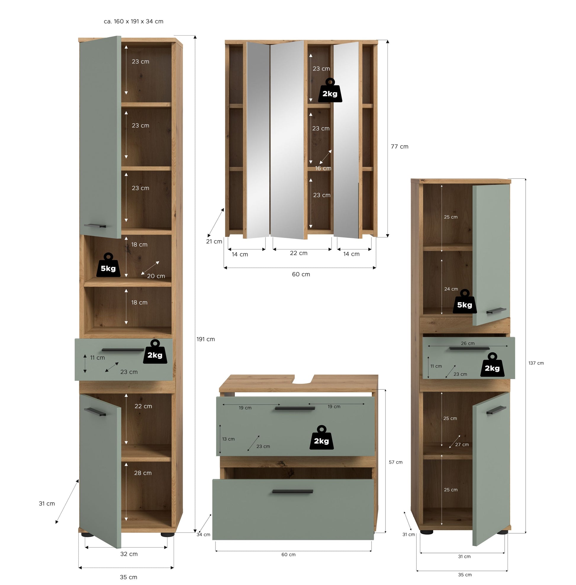 Badmöbel-Set mit Maßangaben: Hochschrank und Waschtischkommode
