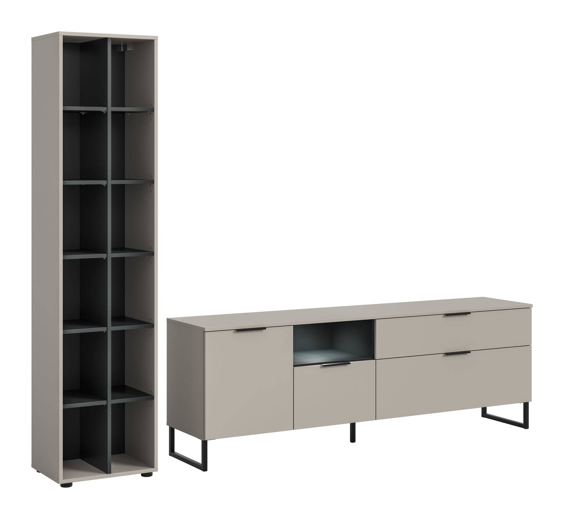 Wohnzimmerschrank-Set: hoher Schrank mit Fächern neben Sideboard mit Schubladen