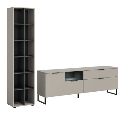Wohnzimmerschrank-Set: hoher Schrank mit Fächern neben Sideboard mit Schubladen