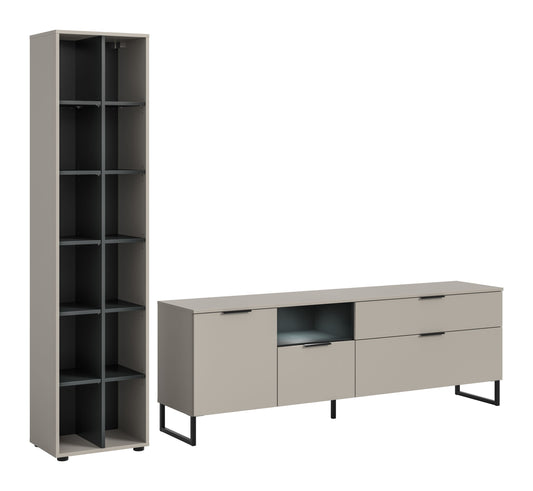 Wohnzimmerschrank-Set: hoher Schrank mit Fächern neben Sideboard mit Schubladen